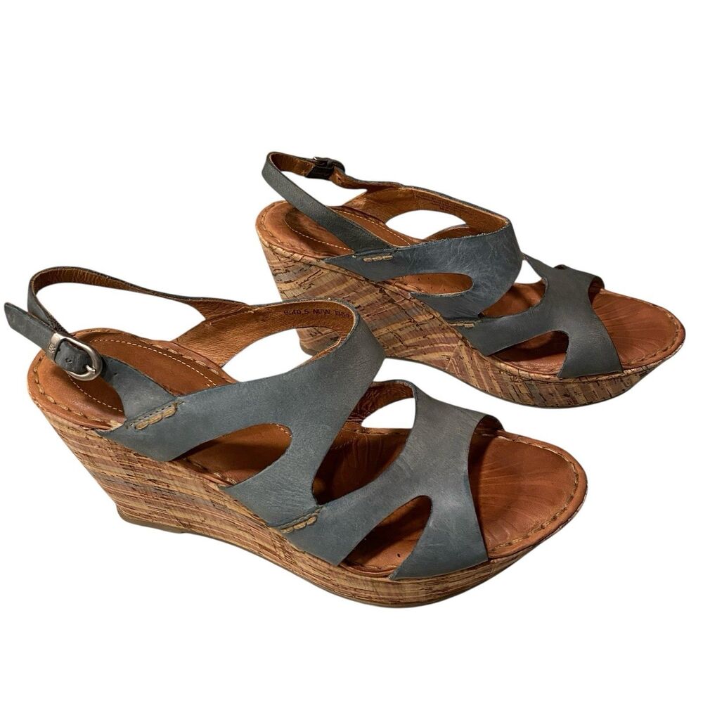 Born Leather Cork Wedge Sandals Womens 9 Blue Gray Slingback Comfort Platform - Picture 3 of 9
